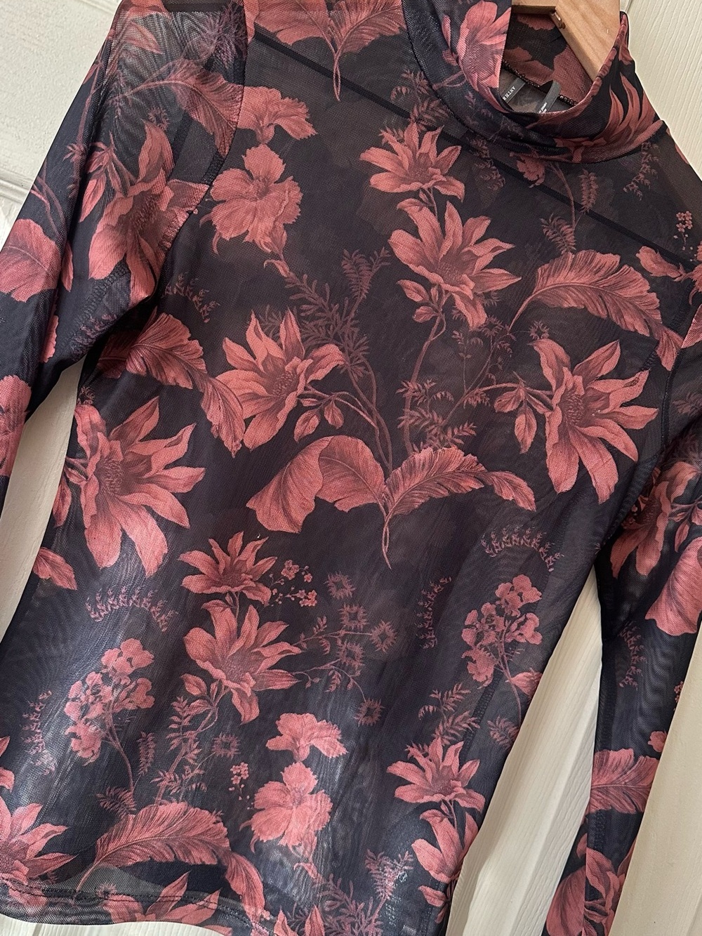 Anthropologie Yzk 2000 Retro Sheer Floral Mesh Long-Sleeve Turtleneck in Rust - Picture 9 of 11